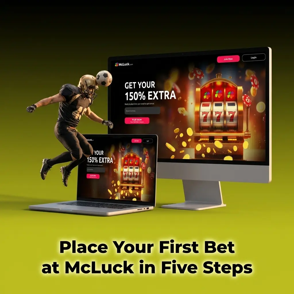 McLuck sports betting registration steps showing five actions from account creation to placing your first bet